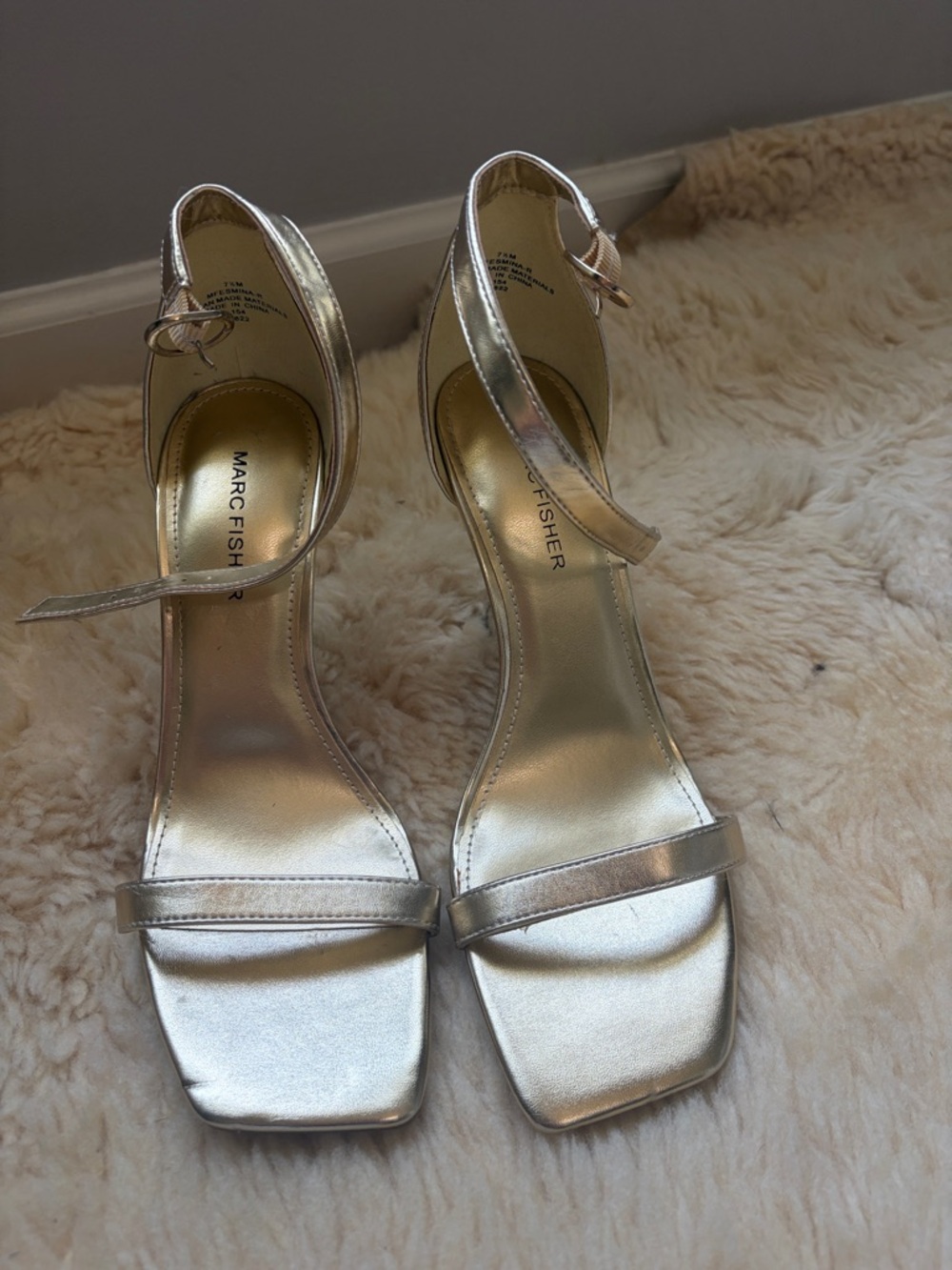 Marc Fisher Silver Square-Toe Ankle-Strap Heels